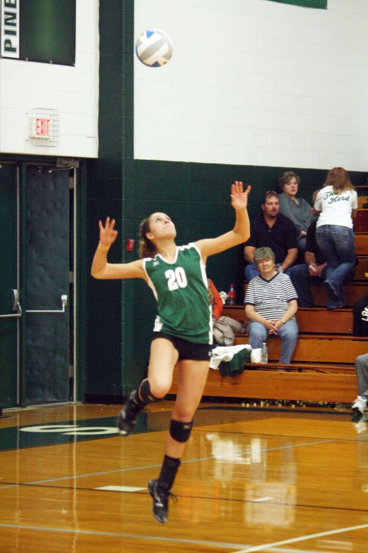 CLEAR SHOT: Kassy Nelson gets ready to serve the ball for Pine River in recent volleyball action. (Herald Review photo/John Raffel)