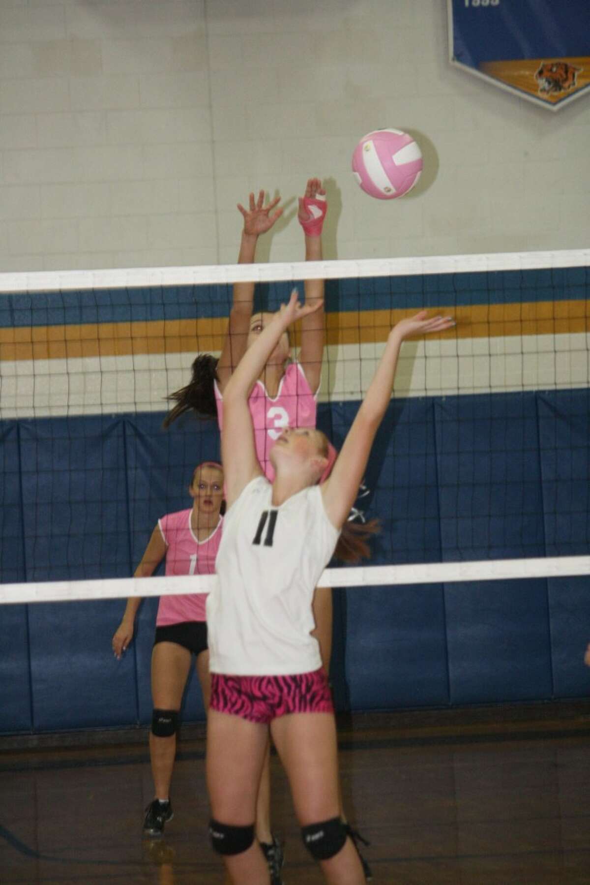 PLAY AT THE NET: Jessica Tea (3) of Evart and Elizabeth Whitley of Pine River battle for the ball. (Herald Review photo/John Raffel)