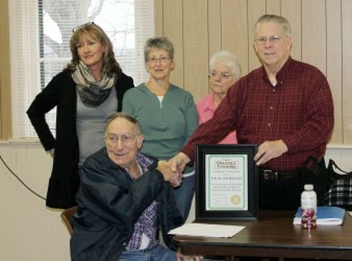 RETIREMENT: (Above) Neal Fiekema was presented with a Certificate of Appreciation to honor his many decades of loyal public service to the residents of Osceola Township at a retirement party on Nov. 14. Pictured (from left) is Fiekema; Melanie Wirth, Osceola Township clerk; Connie Holmes, Osceola Township trustee; Darlene Schroeder, Osceola Township treasurer; and Paul W. Brown, Osceola Township supervisor. (Courtesy photo)