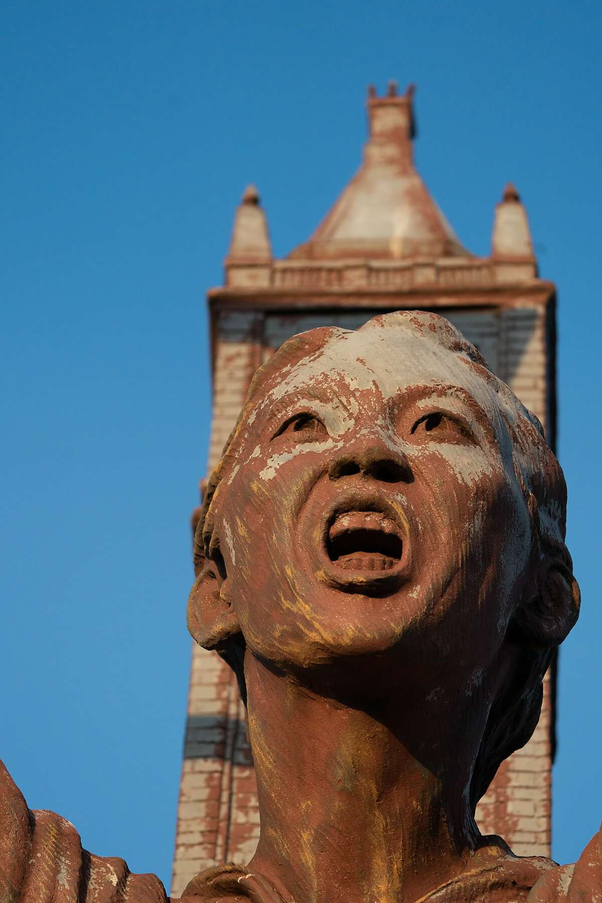 Close up of one of the "Berkeley Big People" sculptures at the pedestrian bridge over Interstate 80, south of University Ave. on Sunday, Aug. 18, 2019, in Berkeley, Calif.