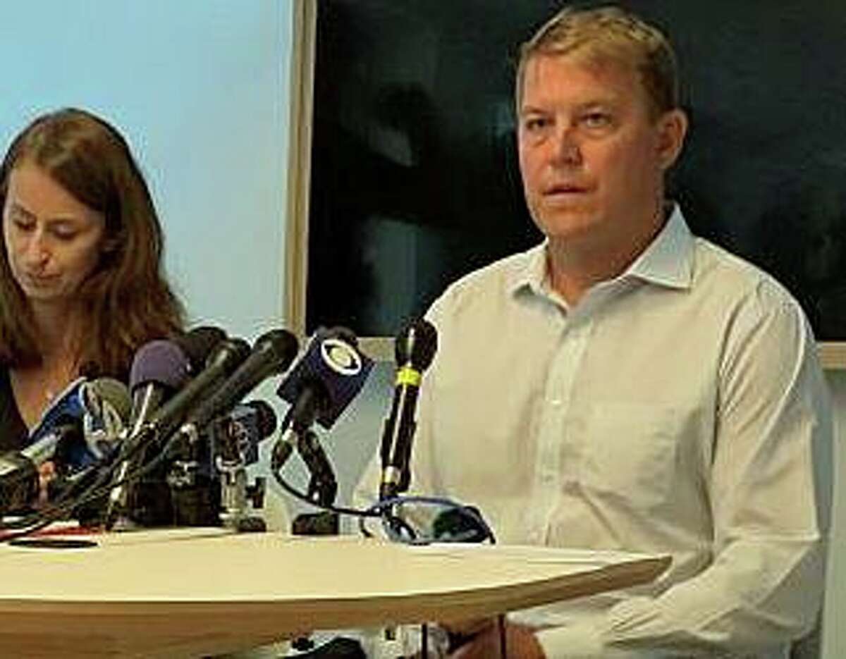 Gavin Scott Hapgood, the UBS trader accused of killing a hotel worker during a violent struggle while on vacation with his family in the Caribbean, speaks publically for the first time on the incident on Tuesday, Aug. 21, 2019. The Darien man and his attorney, Juliya Arbisman, of Amsterdam & Partners LLP based in London, held a press conference Tuesday afternoon in Manhattan.