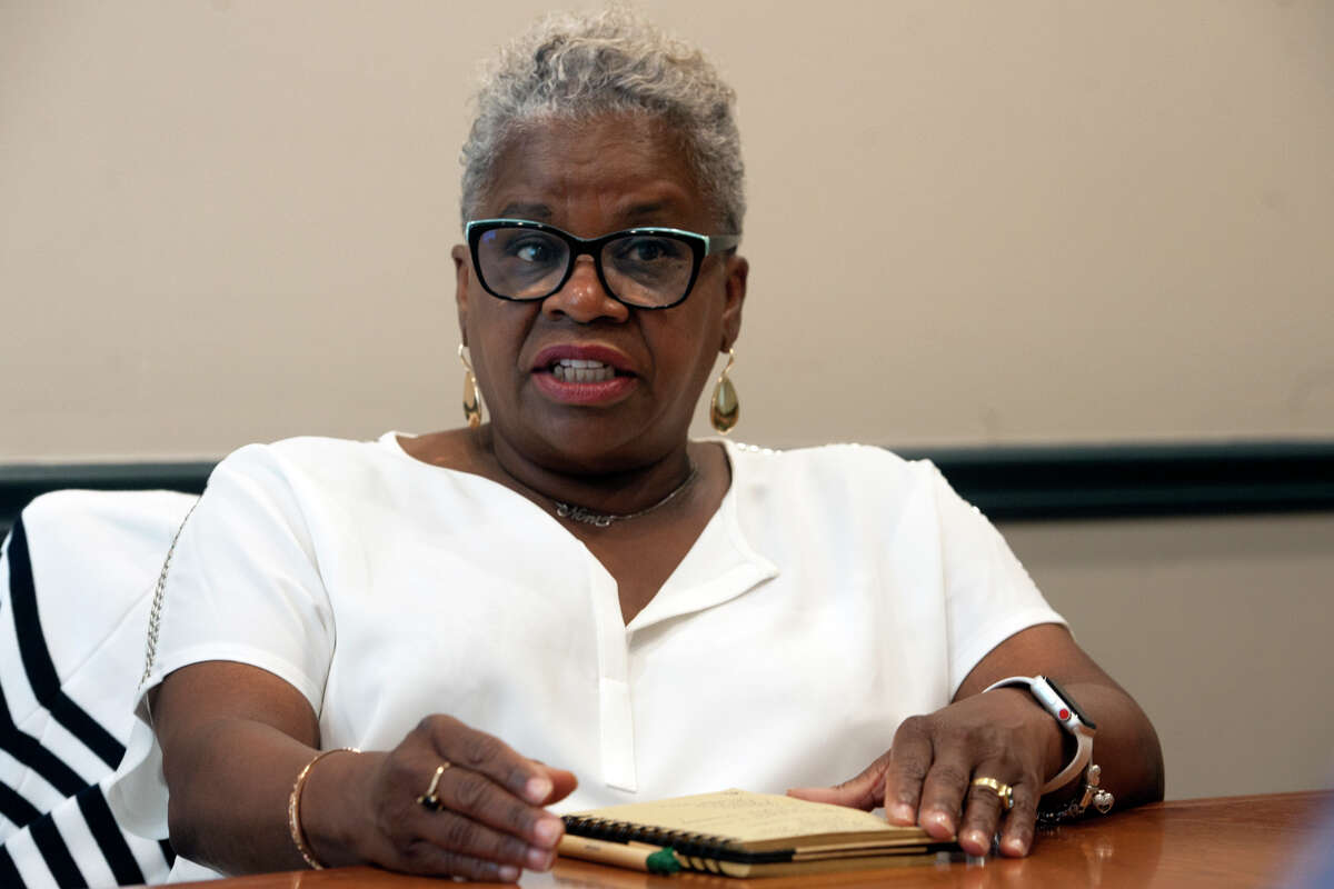State Sen. Marilyn Moore speaks during a meeting with the Hearst Connecticut Media Editorial Board, at the Connecticut Post office in Bridgeport, Conn. Aug. 20, 2019. Moore is a democratic candidate for Mayor of Bridgeport.