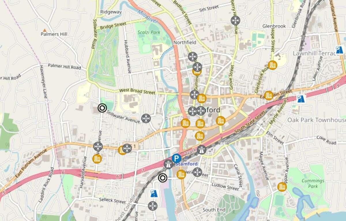 A screenshot of the new interactive map released by Stamford’s Transportation, Traffic & Parking Department. Icons on the map show projects that are ongoing in the city. Each one is clickable, and shares information about the type of work, cost, timeline and who is doing the project, among other things.