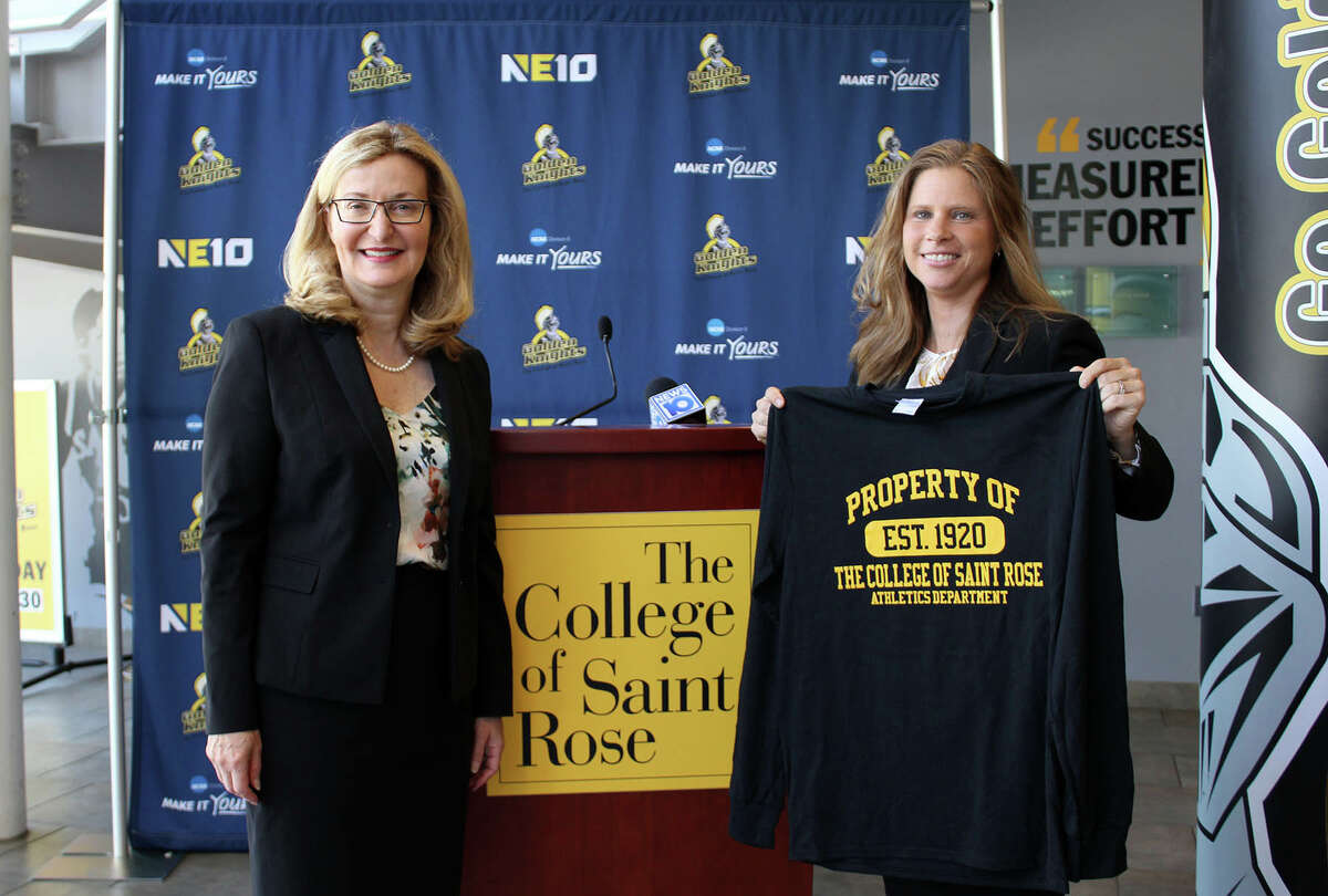 New College of Saint Rose athletic director Lori Anctil, right, stands with school president Carolyn Stefanco at Anctil's introductory news conference on Aug. 20, 2019. (College of Saint Rose athletics)