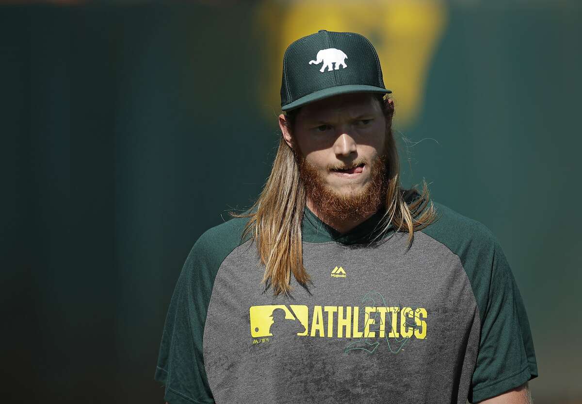 Oakland Athletics' A. J. Puk during warmups prior to a baseball game against the New York Yankees Tuesday, Aug. 20, 2019, in Oakland, Calif. (AP Photo/Ben Margot)