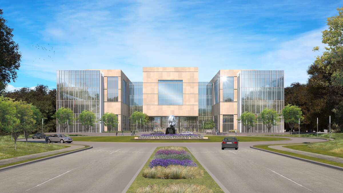 Groundbreaking for the University of Houston's planned medical school is spring 2020. This architectural rendering shows the front of building.