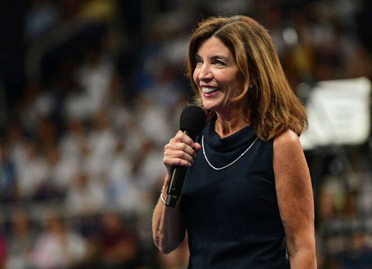 New York Lieutenant Governor Kathy Hochul speaks during Opening Ceremonies on opening night of the Aurora Games at the Times Union Center on Tuesday, Aug. 20, 2019 in Albany, N.Y. (Lori Van Buren/Times Union)