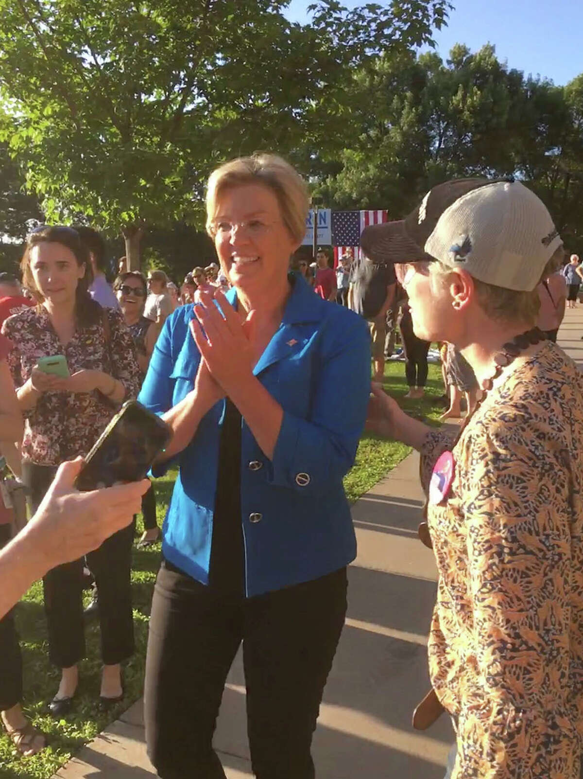 Stephanie Oyen fends off adoring fans of Sen. Elizabeth Warren.