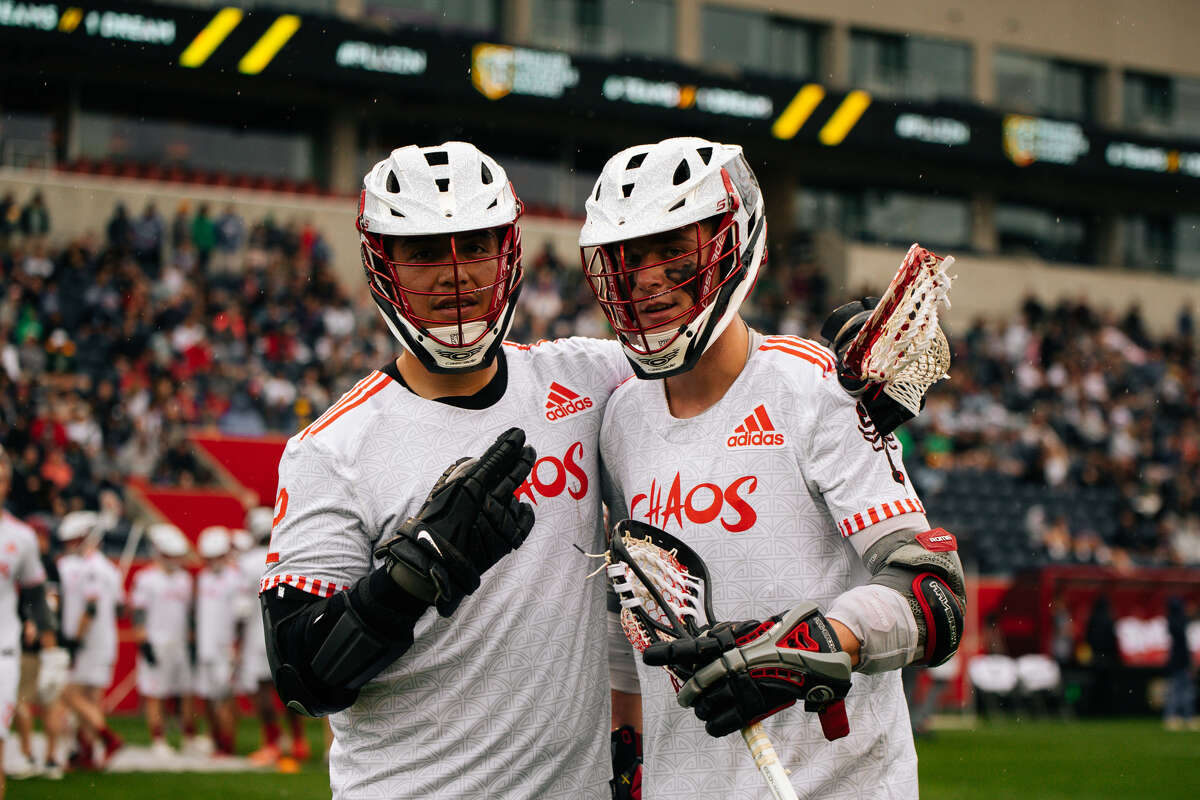 UAlbany alumni Miles Thompson, left, and Connor Fields of the Chaos of the Premier Lacrosse League. (Courtesy of Premier Lacrosse League)