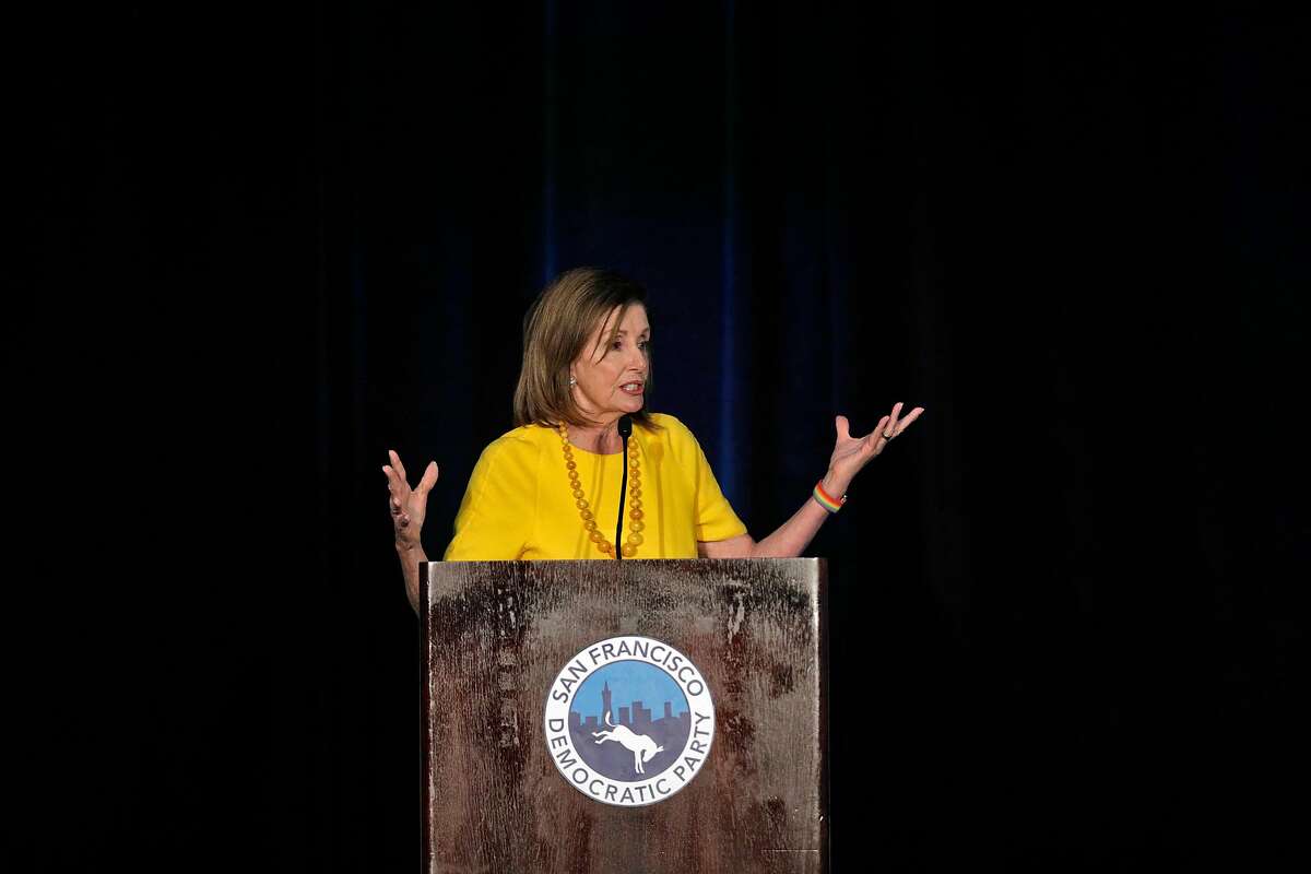 Nancy Pelosi speaks to the crowd as she received a lifetime achievement award from the San Francisco Democratic Party at the Intercontinental Hotel in San Francisco, Calif., on Wednesday, August 21, 2019. There were a large number of groups picketing outside and several protesters managed to get into the event to urge her to launch impeachment proceedings.