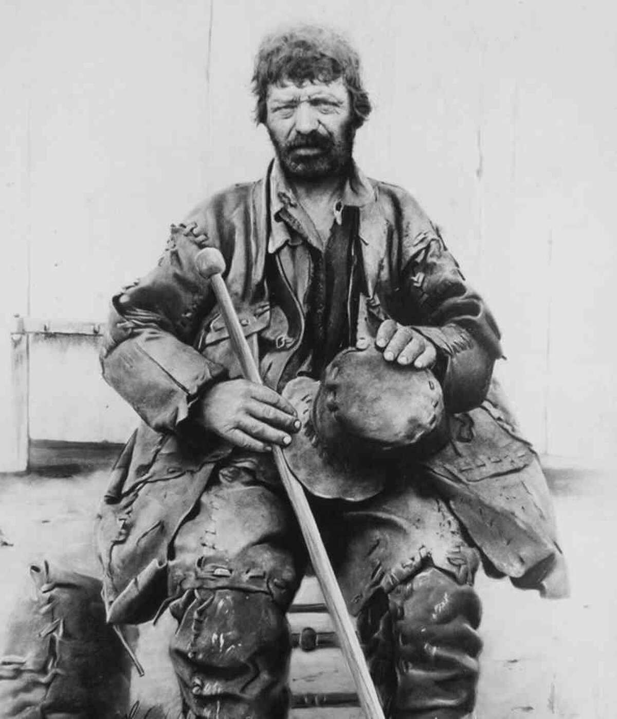 A photo of the mysterious and silent Old Leatherman who lived in caves and ate food people in Wilton put out for him.