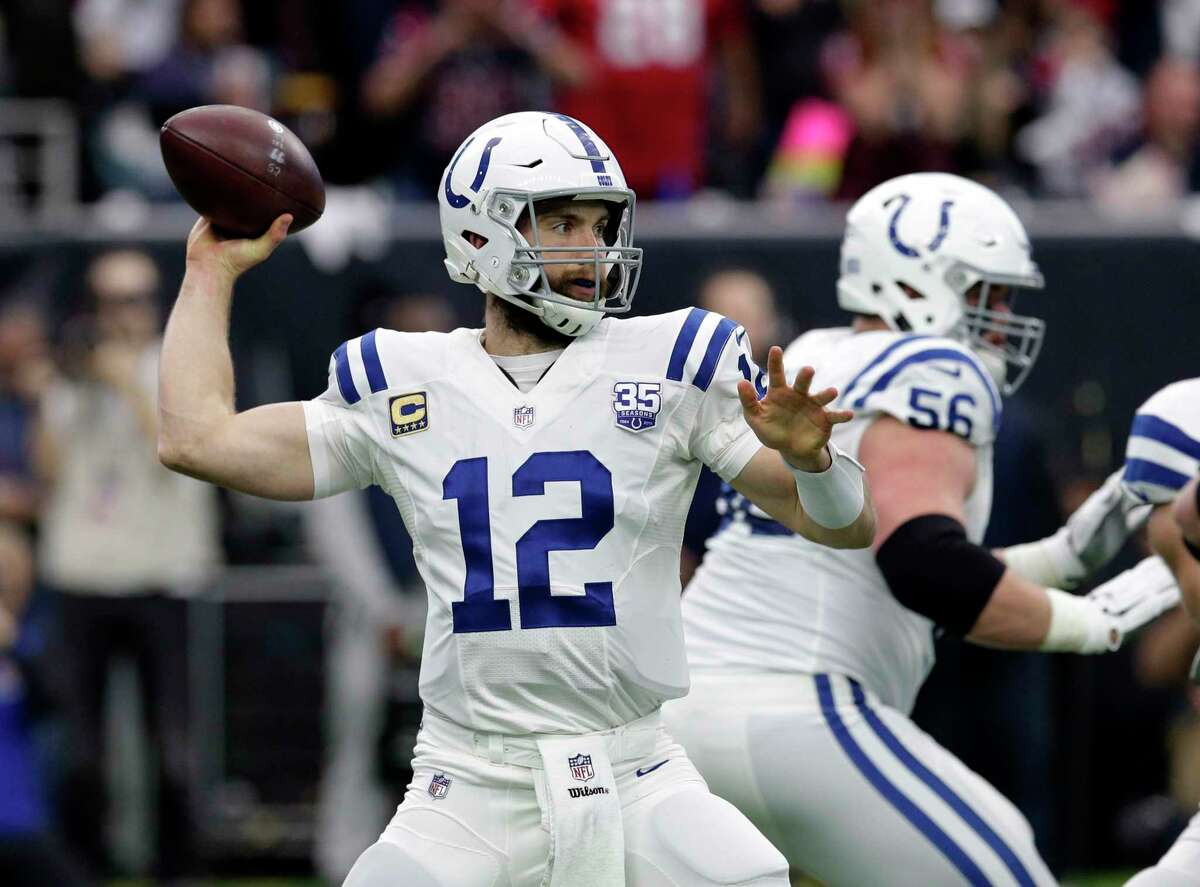 FILE - In this Jan. 5, 2019 file photo Indianapolis Colts quarterback Andrew Luck (12) throws against the Houston Texans during the first half of an NFL wild card playoff football game in Houston. The popular pick to win the AFC South all offseason has been Andrew Luck and the Indianapolis Colts. The ever-changing diagnosis for his strained left calf and ankle is dredging up bad memories of 2017 when his recovery from shoulder surgery kept him out all season.