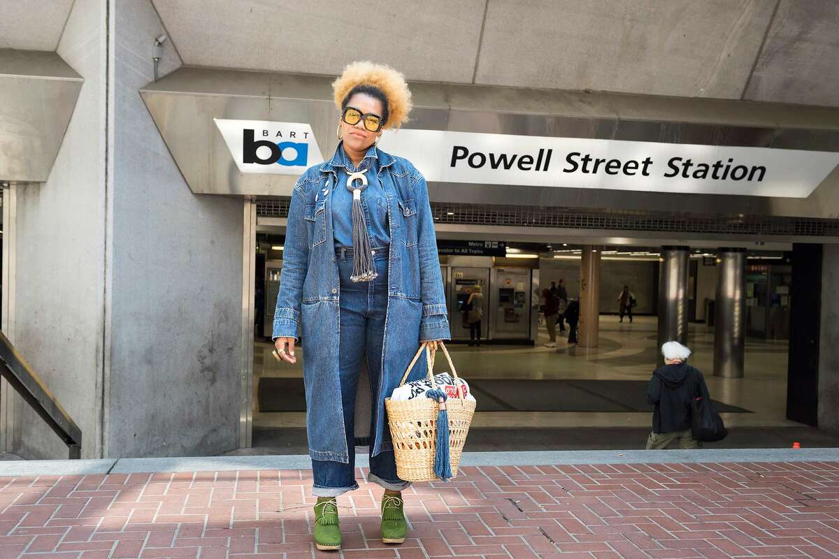Bay Area stylist, Jillian Knox, in the most fashionable Canadian tuxedo since Britney and Justin, featuring a textile necklace by designer Zelma Rose.