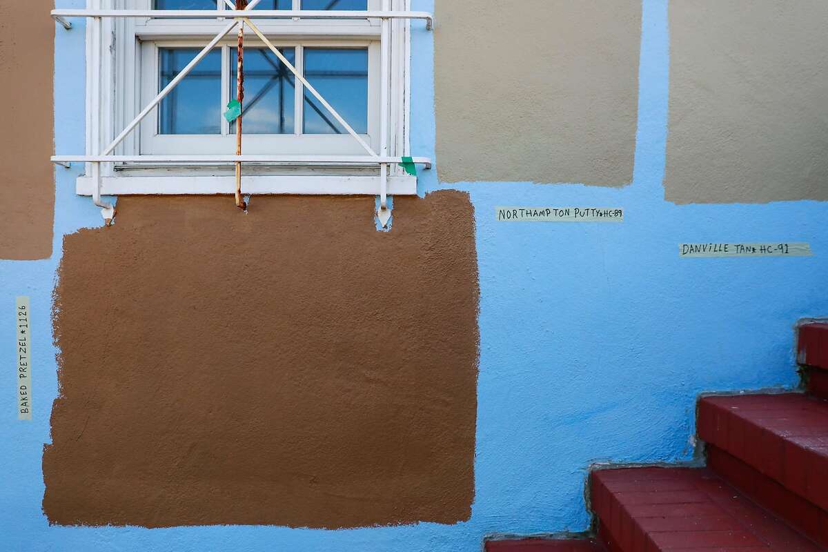 Paint color samples are seen on the house that Anna Chase and her roomates were recently evicted from in Monterey Heights in San Francisco, California, on Wednesday, Aug. 21, 2019. She rented a room through HubHaus, a startup that facilitates "co-living communities".