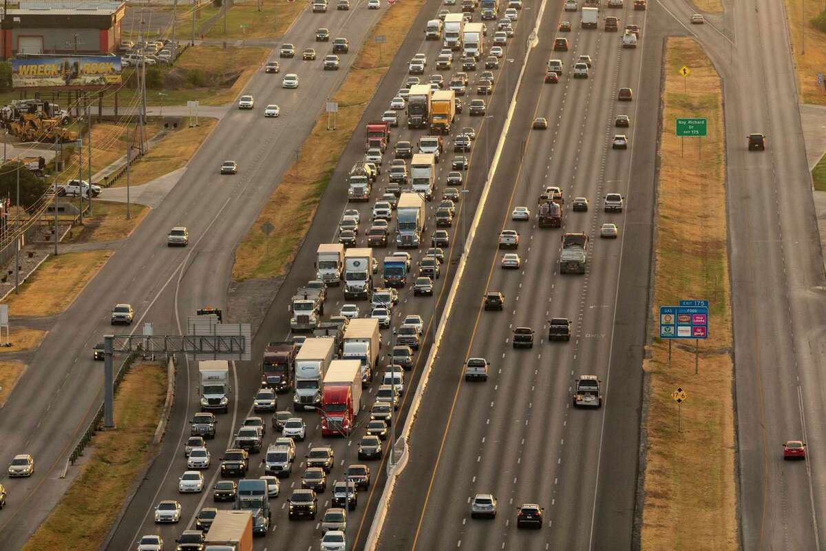 Southbound vehicles fill all the lanes of Interstate 35 on the north side near Exit 175 during morning rush hour. This often-used road by a lot of San Antonio commuters was deemed one of the most dangerous roads in the U.S.