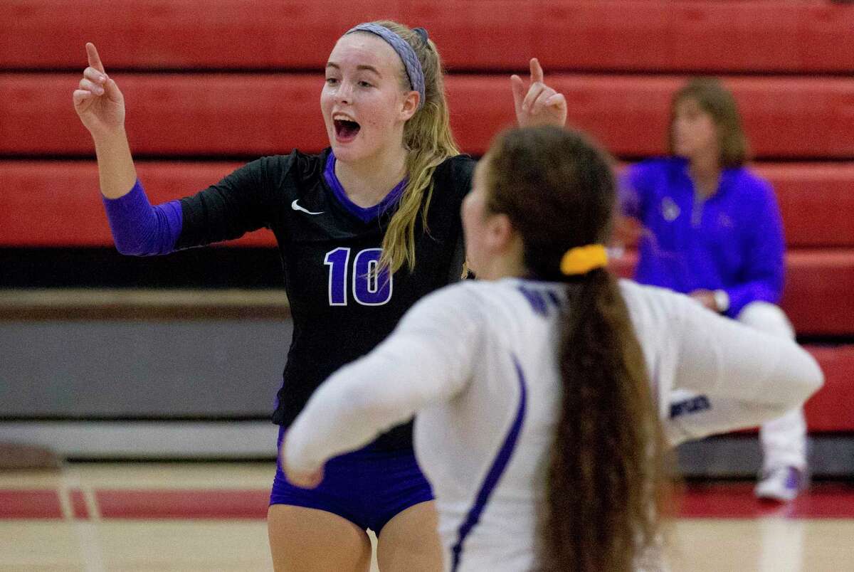 Willis setter Isabelle Sunquist (10) reacts after scoring a point in the second set of a match during the Huffman Varsity Volleyball Tournament at Huffman High School, Friday, Aug. 9, 2019, in Huffman.