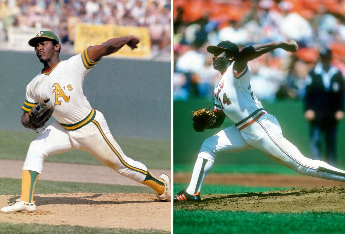 A photo composite of (Left) Pitcher Vida Blue #35 of the Oakland Athletics pitches during a circa early 1970's Major League Baseball game at the Oakland Coliseum in Oakland, California. Blue played for the Athletics from 1969-77. (Right) Pitcher Vida Blue #14 of the San Francisco Giants pitches during a Major League Baseball game circa 1981 at Candlestick Park in San Francisco, California. Blue played for the Giants from 1978-81 and 1985-86.