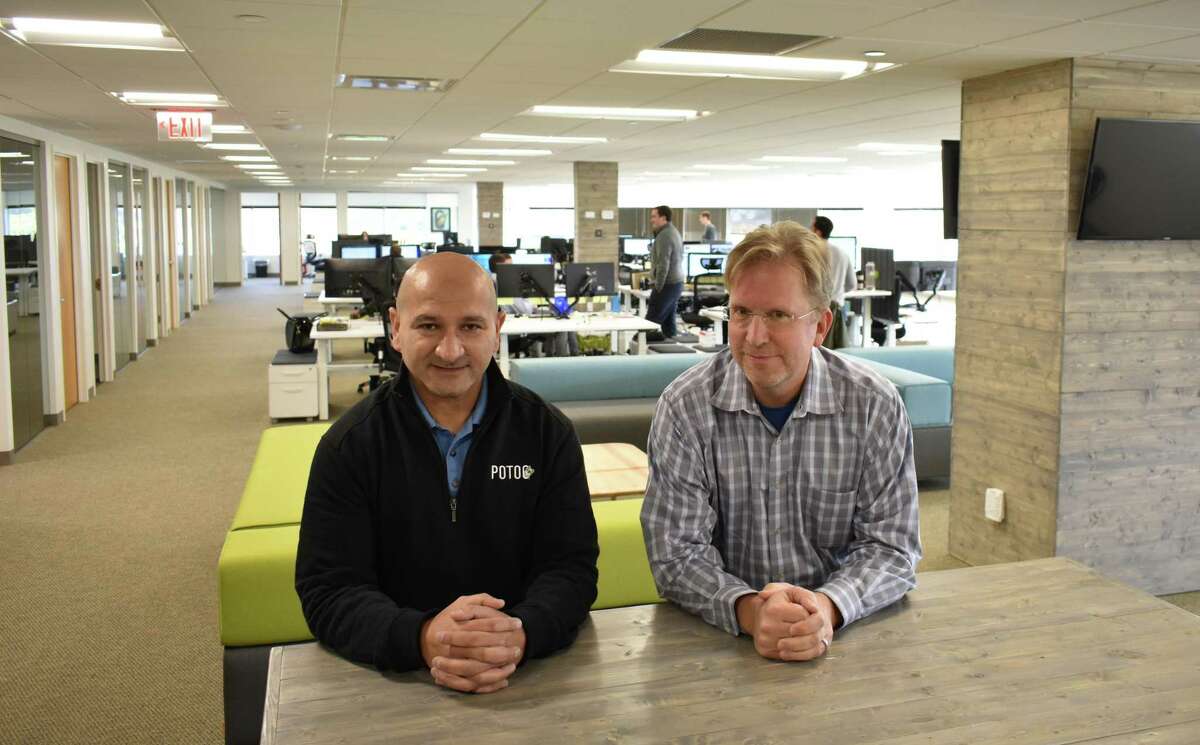 Potoo CEO Fred Dimyan, left, with David Veber, chief operating officer, in the company's offices at 40 Richards Ave. in Norwalk, Conn., on Nov. 8, 2017. Potoo, which specializes in online market insights, led all Connecticut-based companies on the 2019 Inc. 5000 list, with a ranking of No. 122.