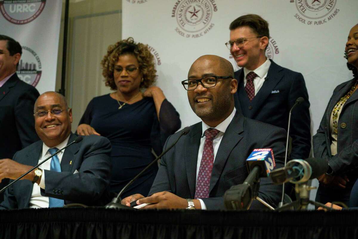 Darrell Jordan, the presiding judge of the Harris County Criminal Courts of Law, talks about a new rule, Local Rule 9.1, that will allow reform the county's current cash bail system, during a press conference at Texas Southern University in Houston, Thursday, Jan. 17, 2019. The new rule allows qualifying misdemeanor arrestees to be released on a personal bond rather than a cash bond.