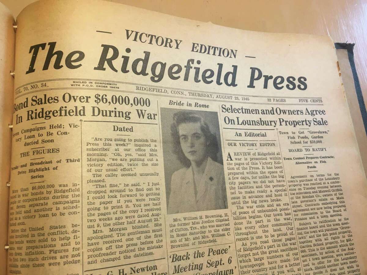 The front page of the Ridgefield Press’ Victory Edition, published on Aug. 23, 1945.
