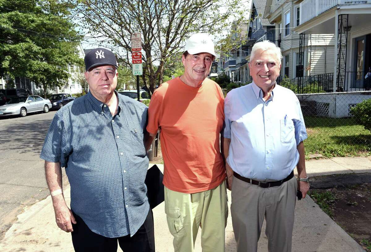 From left, childhood friends Larry Cramer, Ron Sokoloff and Sheldon Liner in their old neighborhood of Gilbert Avenue in New Haven.
