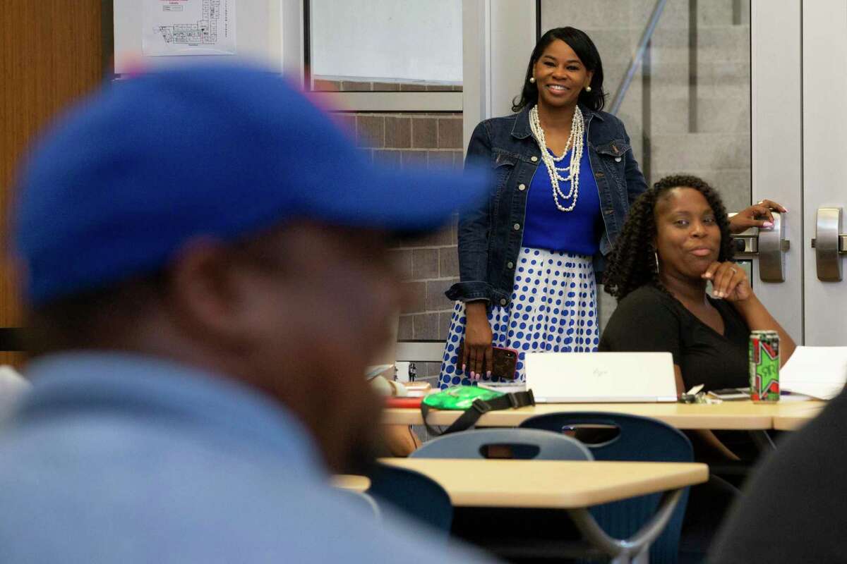 Worthing High School principal Khalilah Campbell-Rhone attends a meeting on Thursday, Aug. 22, 2019, in Houston about the new school year plans.
