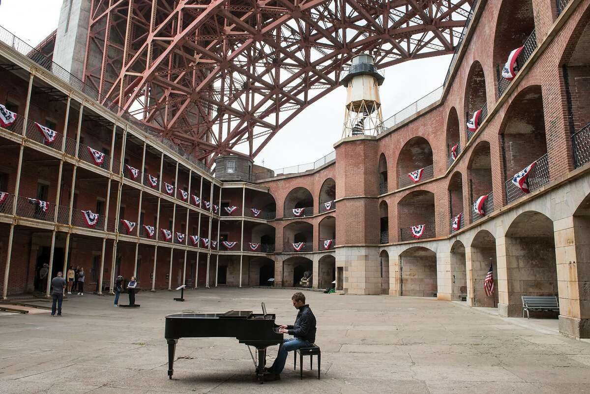 PianFrancisco founder Karl Reichstetter plays a piano for public use at one of San Francisco's oldest and most iconic buildings, Fort Point, in San Francisco, Calif., on August 23, 2019.
