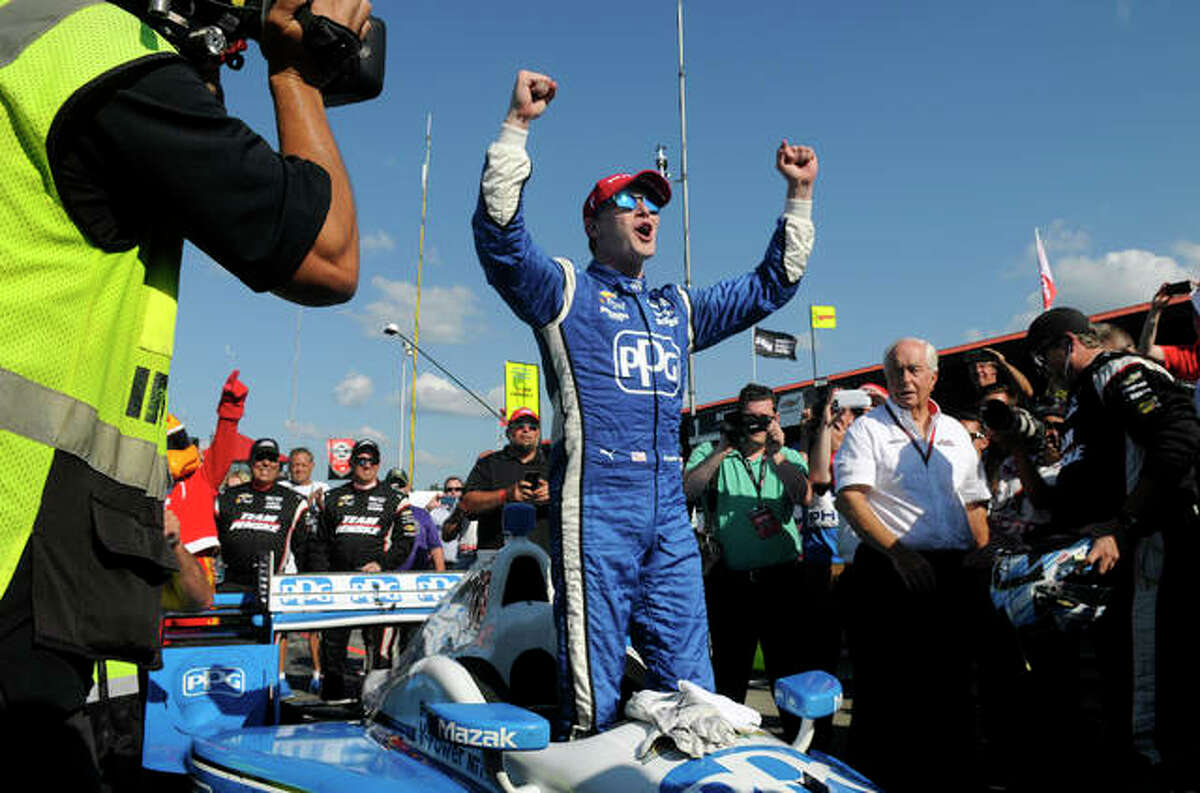 Josef Newgarden won the pole for Saturday’s Bommarito 500 IndyCar race at Worldwide Technology Raceway in Madison, Above, he celebrates after winning an IndyCar race in Lexington, Ohio.