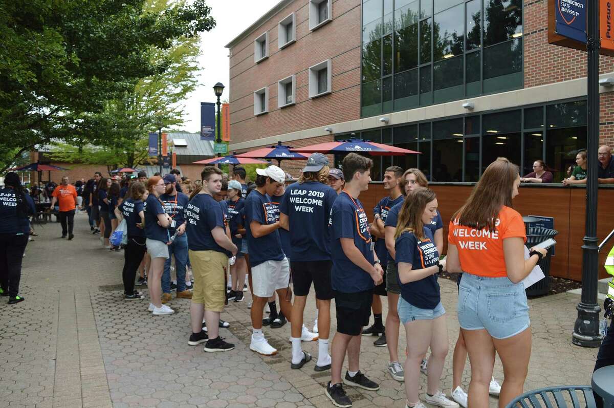Students arrive on the Western Connecticut State University campus in Danbury on Friday, Aug. 23, 2019, the first move-in day of the fall semester.