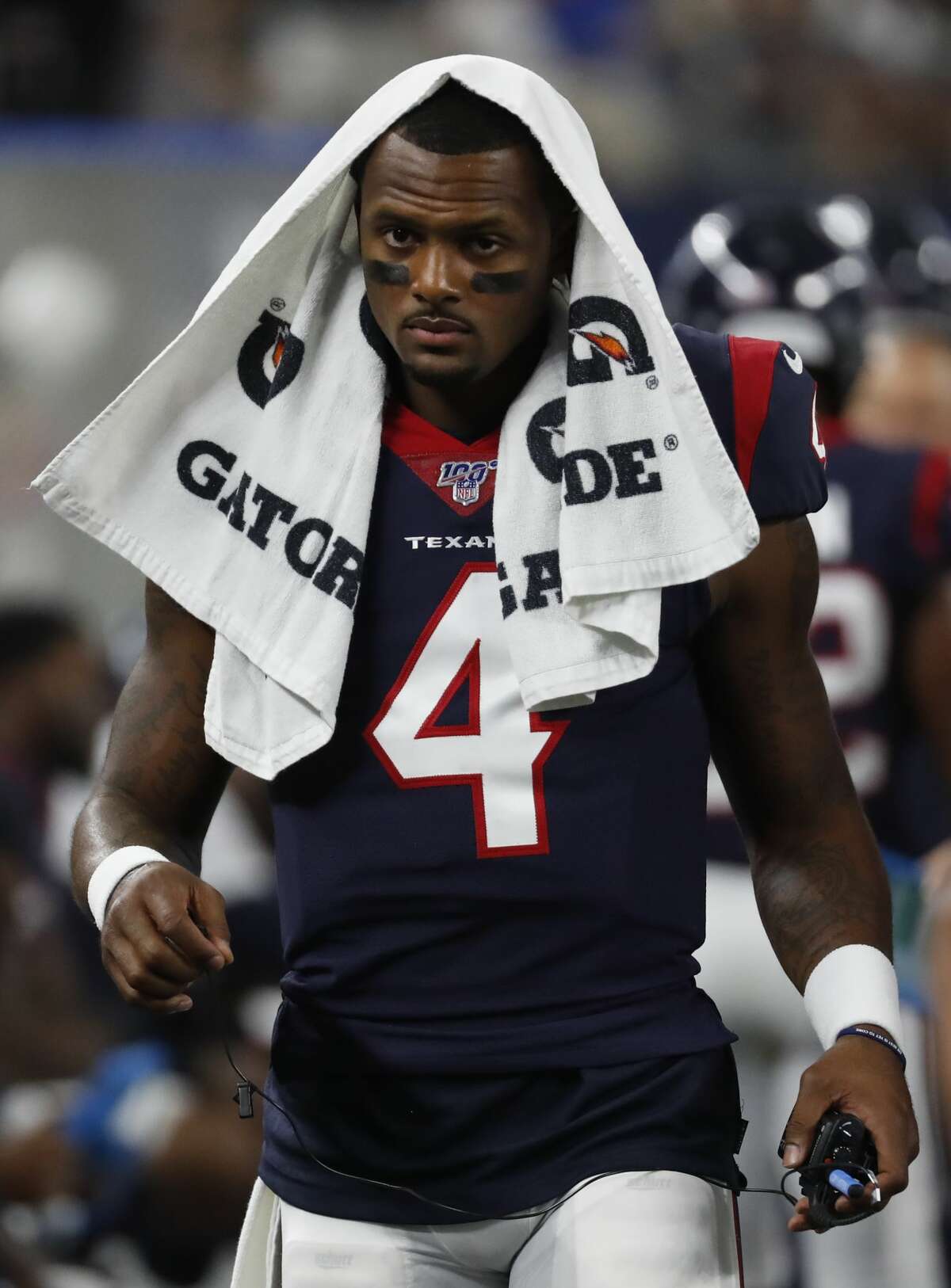Houston Texans quarterback Deshaun Watson walks along the sidelines during the second quarter of an NFL preseason football game against the Dallas Cowboys at AT&T Stadium on Saturday, Aug. 24, 2019, in Arlington, Texas.
