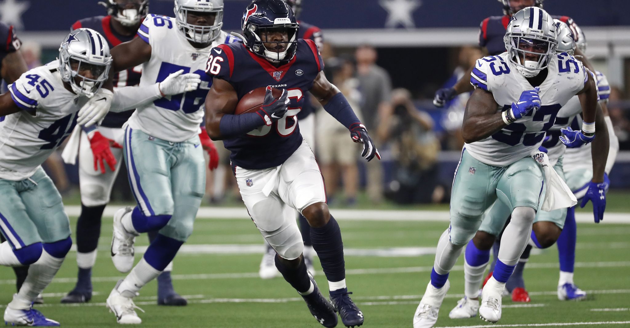 August 24th, 2019:.Dallas Cowboys running back Tony Pollard (36