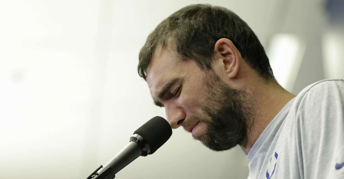 Indianapolis Colts quarterback Andrew Luck speaks during a news conference following the team's NFL preseason football game against the Chicago Bears, Saturday, Aug. 24, 2019, in Indianapolis. The oft-injured star is retiring at age 29. (AP Photo/AJ Mast)
