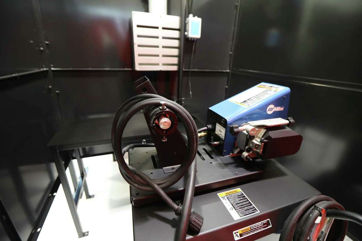 A welding booth inside a training area classroom at Houston Community College North Forest campus Tuesday, Aug. 6, 2019, in Houston.
