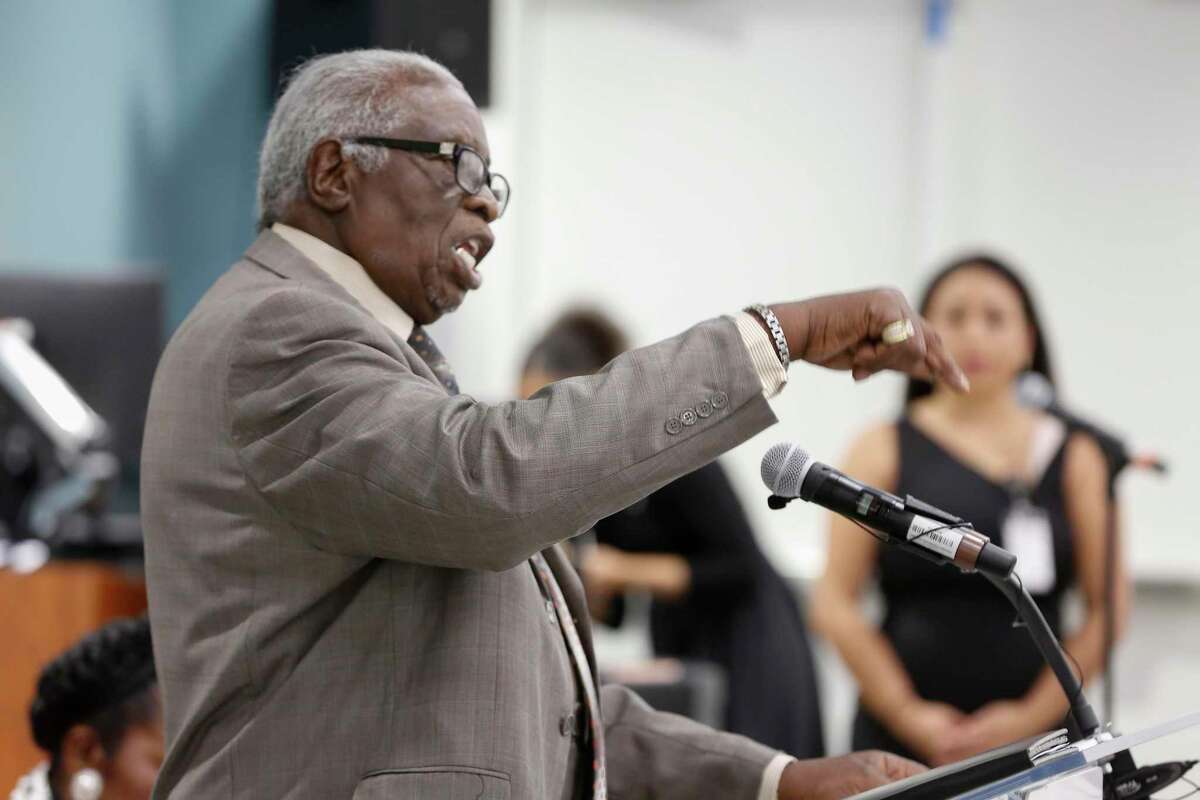Ray RC-Jones talks about problems with the Houston Community College during a ribbon cutting event for its North Forest campus Tuesday, Aug. 6, 2019, in Houston.