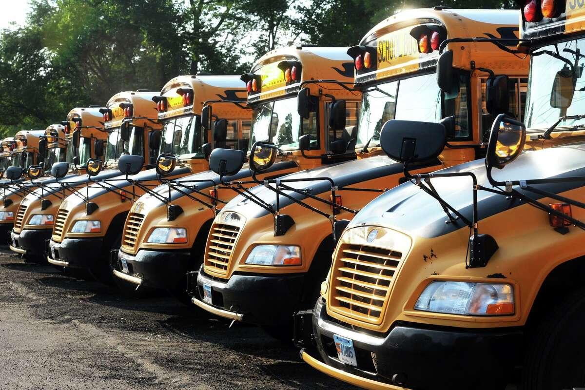 City of Shelton school buses parked in Shelton, Conn. June 7, 2018.