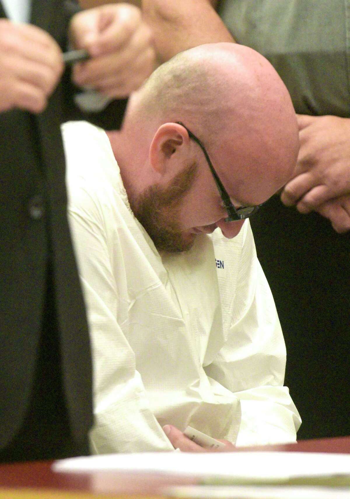 David MacDowell, 34, of Bethel, was arraigned on manslaughter in the first degree charges at Danbury Superior Court on Monday, August 26, 2019, in Danbury, Conn.