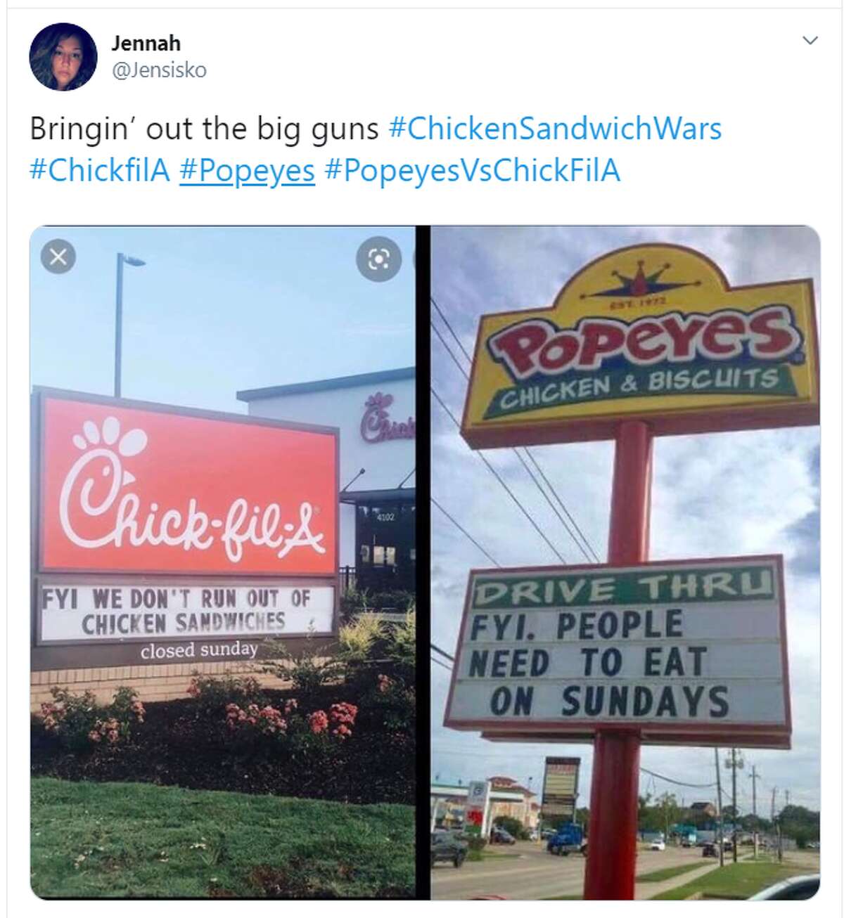 Click ahead to see how some Texans are reacting to the chicken wars. Bringin’ out the big guns #ChickenSandwichWars #ChickfilA #Popeyes #PopeyesVsChickFilA Twitter account: @Jensisko