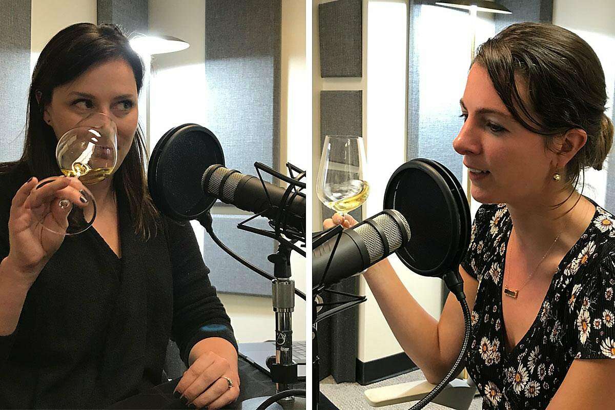 Editor in Chief Audrey Cooper and Wine Critic Esther Mobley during a recording of Fifth & Mission