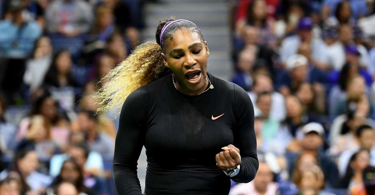 NEW YORK, NEW YORK - AUGUST 26: Serena Williams of the United States reacts during her Women's Singles first round match against Maria Sharapova of Russia during day one of the 2019 US Open at the USTA Billie Jean King National Tennis Center on August 26, 2019 in the Flushing neighborhood of the Queens borough of New York City. (Photo by Emilee Chinn/Getty Images)