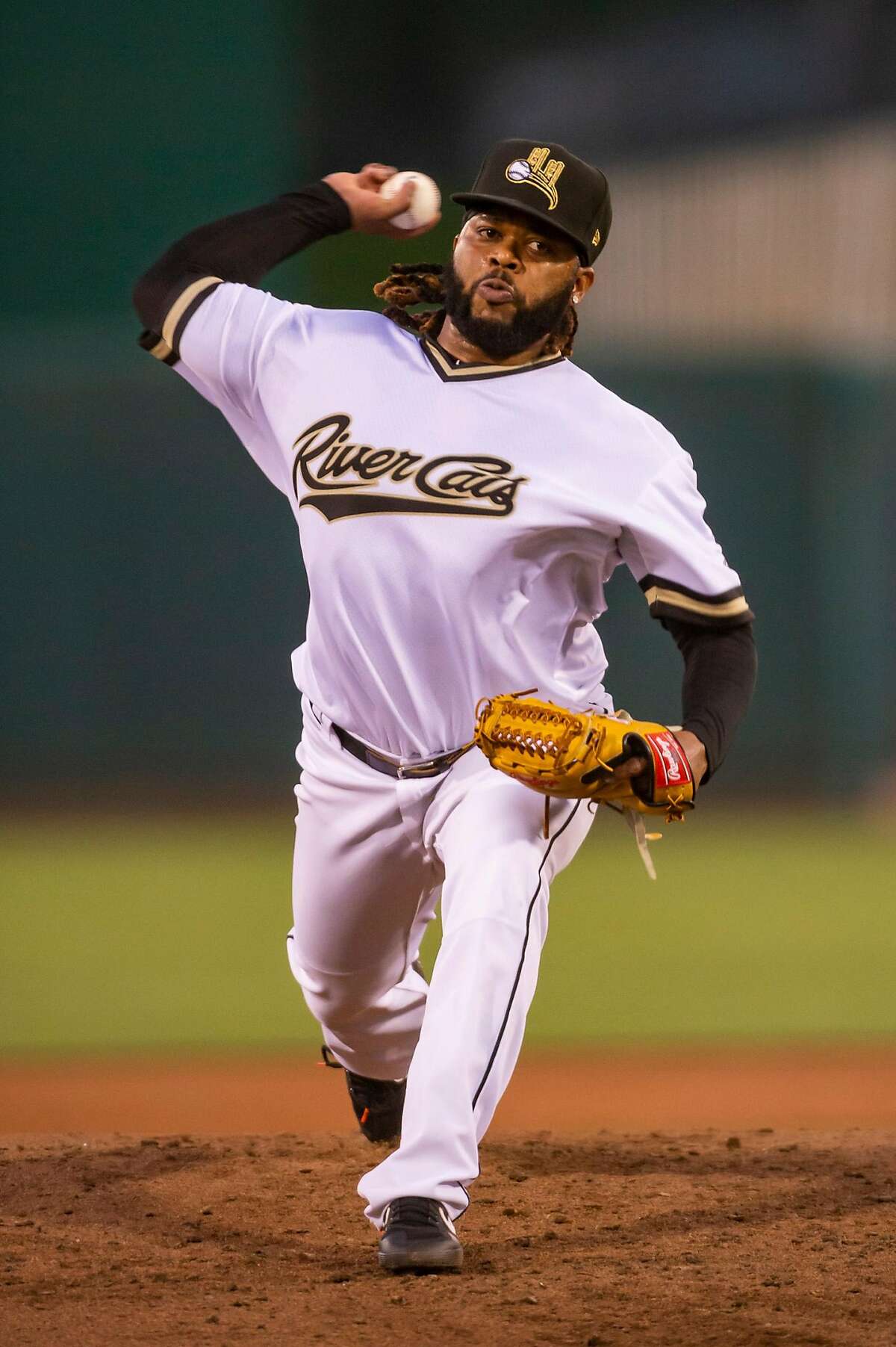 Giants pitcher Johnny Cueto makes one his first rehab starts for the Sacramento River Cats as he pitches against the Reno Aces at Raley Field, Monday Aug 26, 2019.