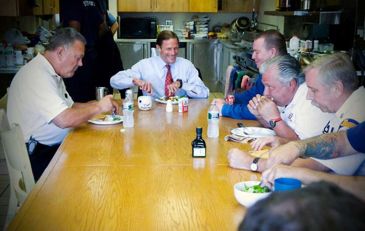 Democratic U.S. Senate candidate Richard Blumenthal tours the Stamford Central Firehouse and has lunch with a group from the house in Stamford, Conn. on Wednesday August 4, 2010.