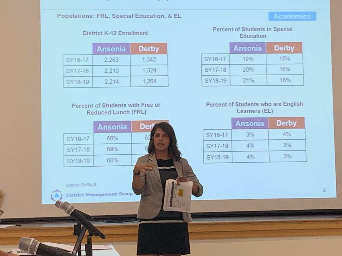 Simone Carpenter of District Management Group, which is serving as the consultant to the Ansonia-Derby Temporary School Regionalization Study Committee, compares the offerings, spending and achievement comparisons of the two school districts, during the the committee’s Aug. 26, 2019 meeting.