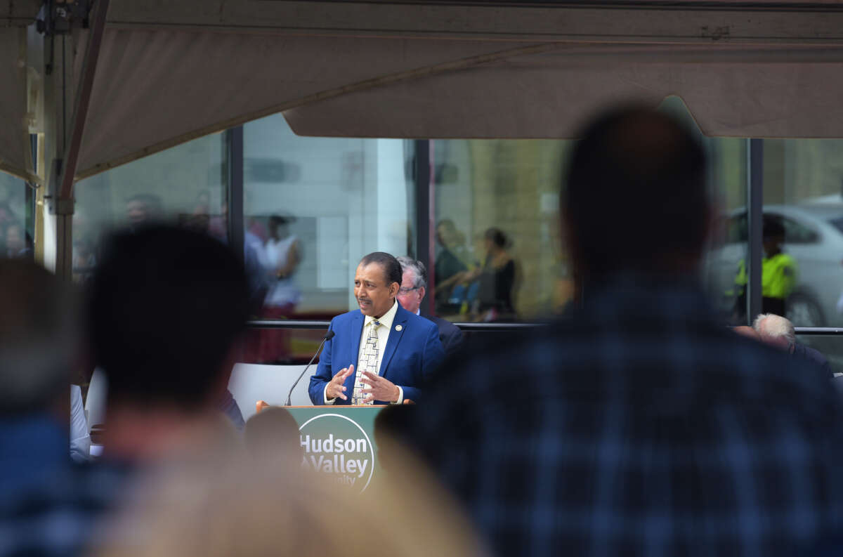 Roger Ramsammy, president of Hudson Valley Community College, addresses those gathered for the ribbon cutting ceremony for the Gene F. Haas Center for Advanced Manufacturing Skills at HVCC on Tuesday, Aug. 27, 2019, in Troy, N.Y. (Paul Buckowski/Times Union)