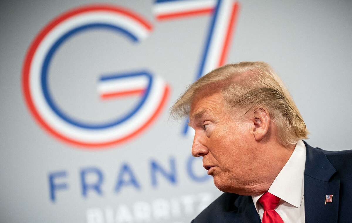 U.S. President Donald Trump begins bilateral talks with German Chancellor Angela Merkel on the margins of the G7 Summit on Monday, Aug. 26, 2019.