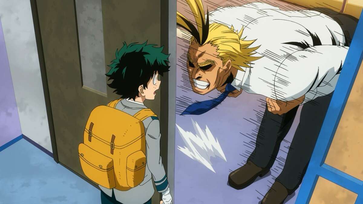 Deku (left) and All Might in the hit Japanese animated series ‘My Hero Academia.’