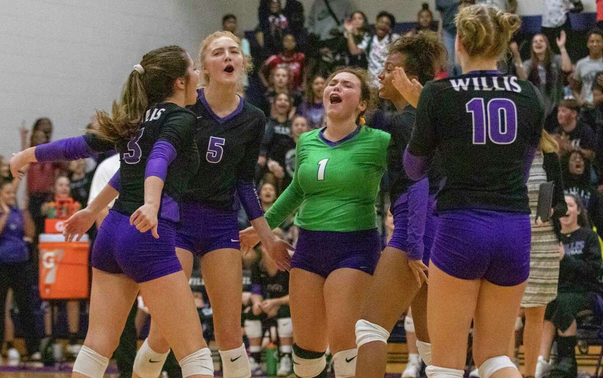 The Willis Ladykats celebrate after scoring during a non-district match Tuesday, August 27, 2019 at Willis High School.
