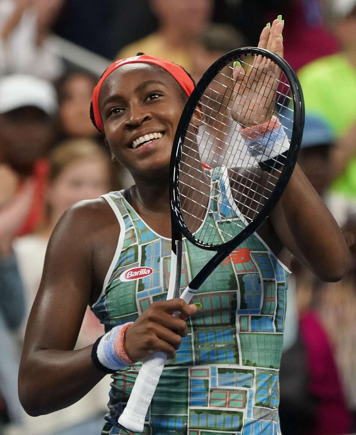 Coco Gauff of the US celebrates her win over Anastasia Potapova of Russia during their first round match of the women's 2019 US Open tennis tournament August 27, 2019 in New York. (Photo by Don Emmert / AFP)DON EMMERT/AFP/Getty Images