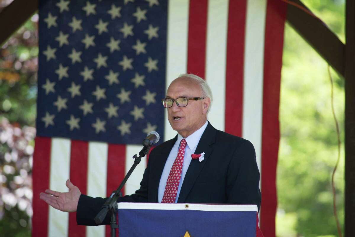 First selectman Rudy Marconi spoke at Ballard park on Memorial Day, Monday, May 28, 2019 in Ridgefield, Conn. Two thousand marchers representing more than 75 organizations marched on Memorial Day, The parade started at Jesse Lee Church and ended in the park.