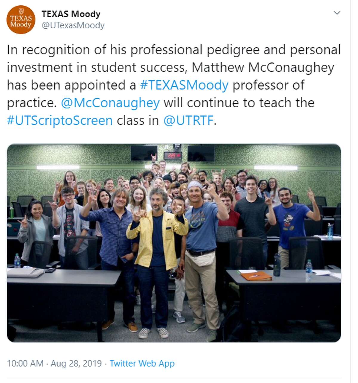 @UTexasMoody In recognition of his professional pedigree and personal investment in student success, Matthew McConaughey has been appointed a #TEXASMoody professor of practice. @McConaughey will continue to teach the #UTScriptoScreen class in @UTRTF.