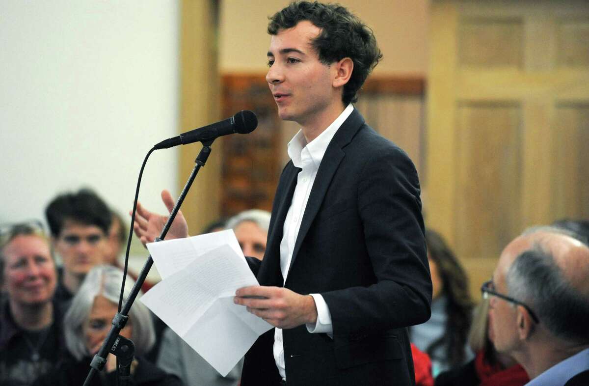 State Sen. Will Haskell (D-26), shown speaking at a vigil for victims of gun violence last December in Wilton, will be the guest speaker at the Wilton League of Women Voters’ meeting on Sept. 26.